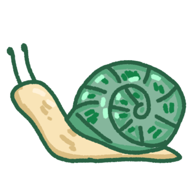 A drawing of a snail with a green-blue shell